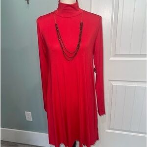 Red Turtleneck Solid Pocketed Dress